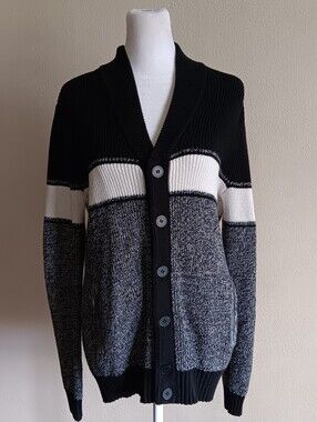 Black White Gray Button Up Knit Cardigan Small, Reaction Kenneth Cole, Fall